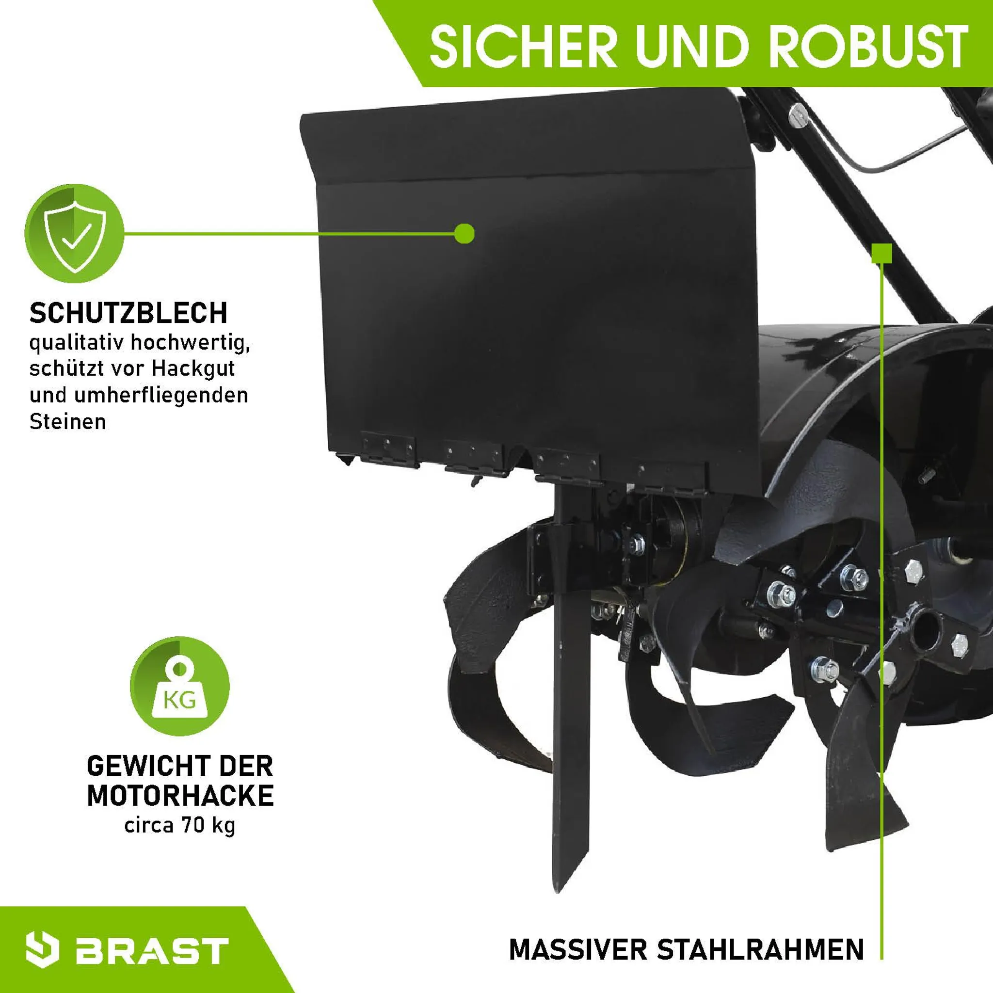 BRAST Motorhacke Gartenfräse Benzin | 5,15kW(7PS) | 50cm Arbeitsbreite | Stahlrahmen Transportrad & kabellos | BRB-AF-7000 – Bild 7