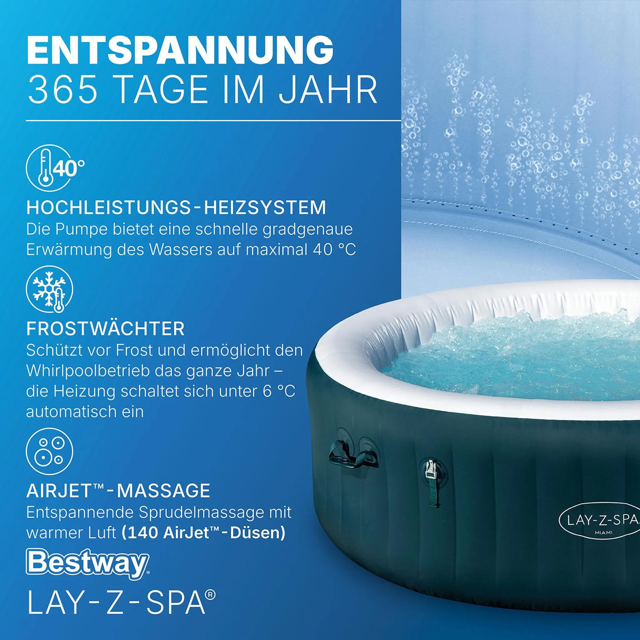 Bestway® LAY-Z-SPA® Energiespar-Whirlpool Miami AirJet™ für 6 Personen Ø 196 x 66 cm, Dunkelgrün – Bild 7
