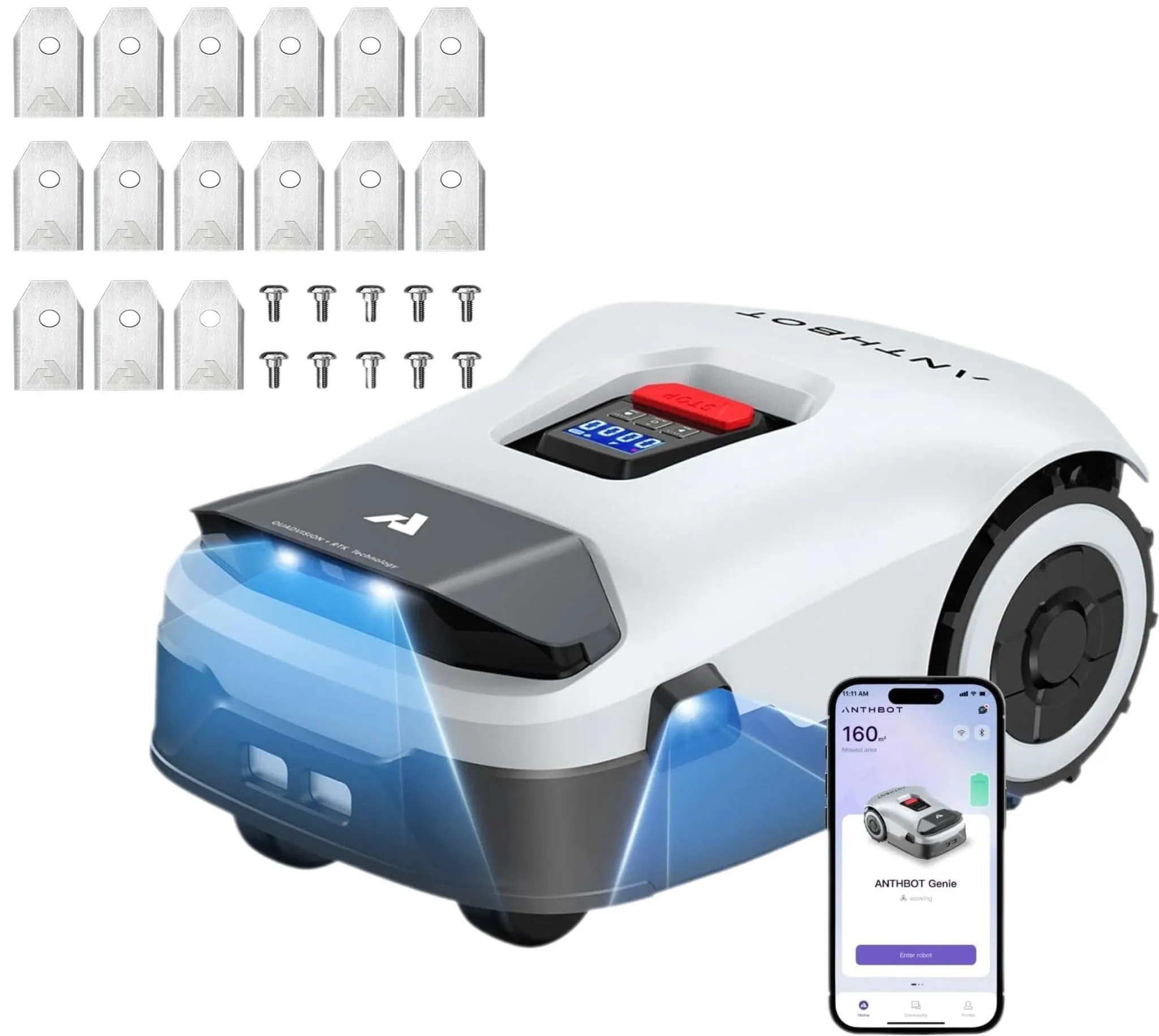 ANTHBOT Genie 600 RTK Mähroboter + 15 Messer – für 900m² ohne Draht – Quad-Vision KI, Kantenmähen, Mulchfunktion, 58dB