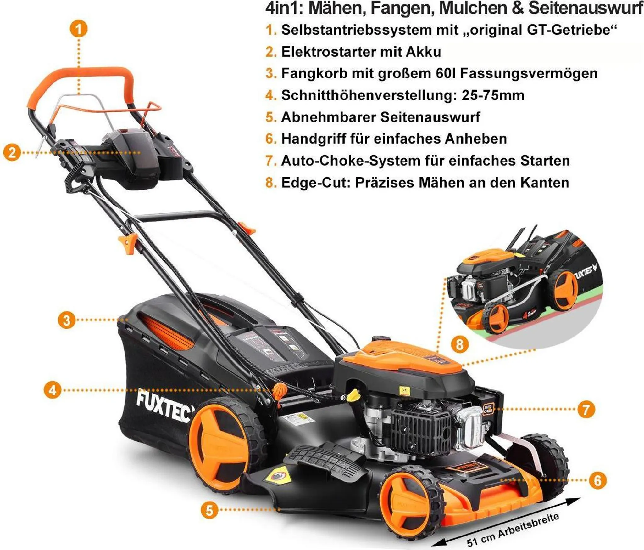 FUXTEC Benzin Rasenmäher RM5196eS - 196ccm | 51cm | E-Start| 6PS | Heckauswurf | 60L | E-Start | 40Kg | Mulchfunktion | 4-takt | 800ml – Bild 8