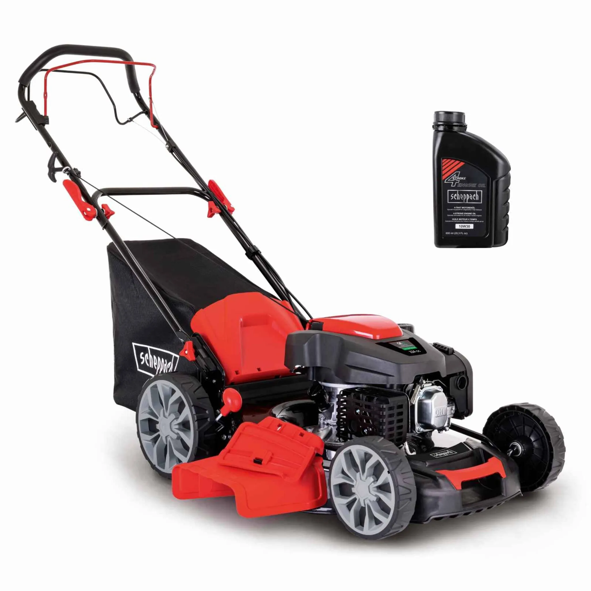 Scheppach Benzin Rasenmäher MS225-56 inkl. Motoröl | Radantrieb | 6PS | 56cm | 65L | Höhenverstellung 7 Stufen | Seitenauswurf & Reinigungsfunktion