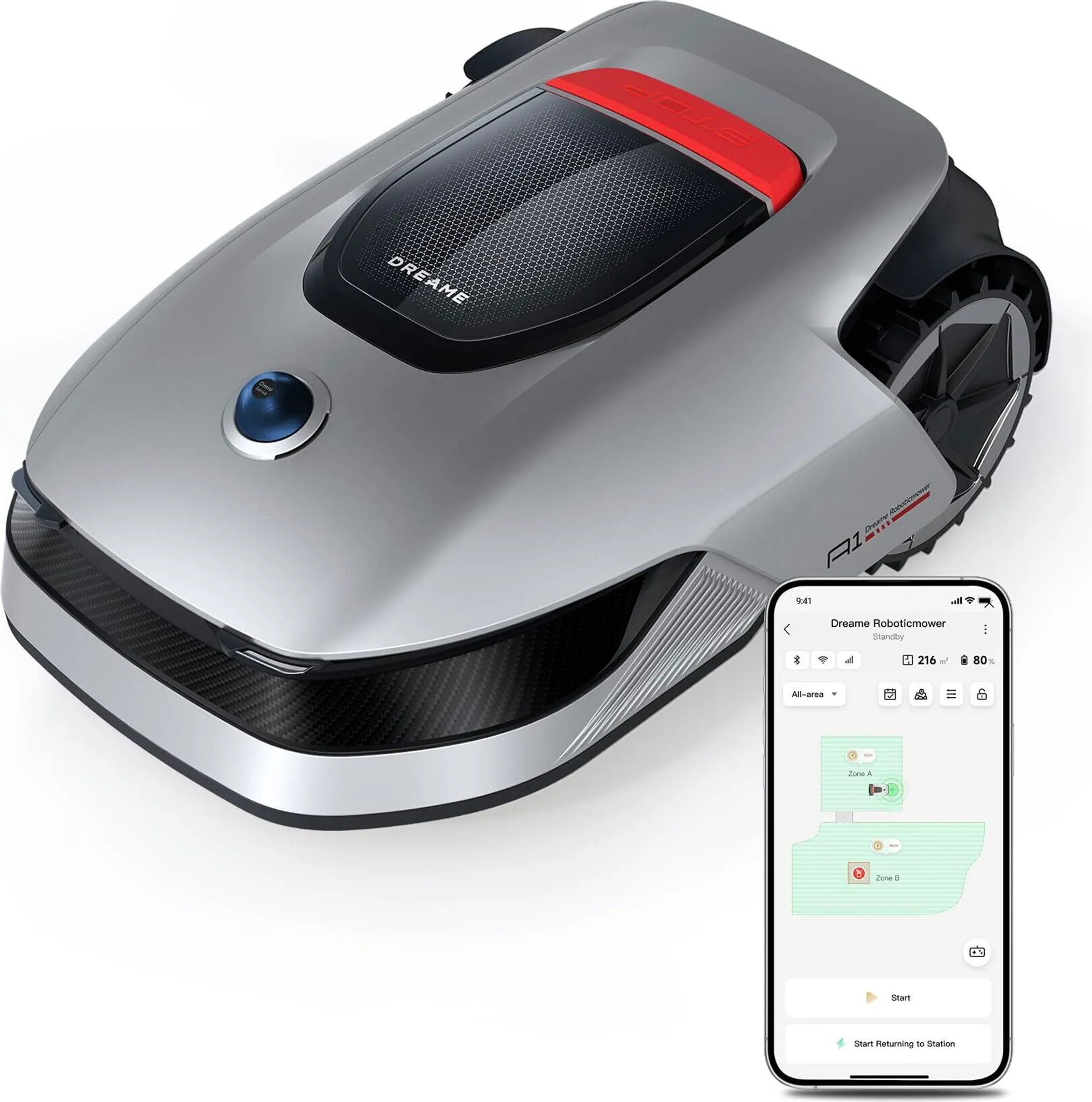 Dreame Intelligent Mähroboter A1, Rasenmäher Roboter, App-Steuerung, OmniSense-Technologie, Intuitives Bereichsmanagement, Intelligente Hindernisverme