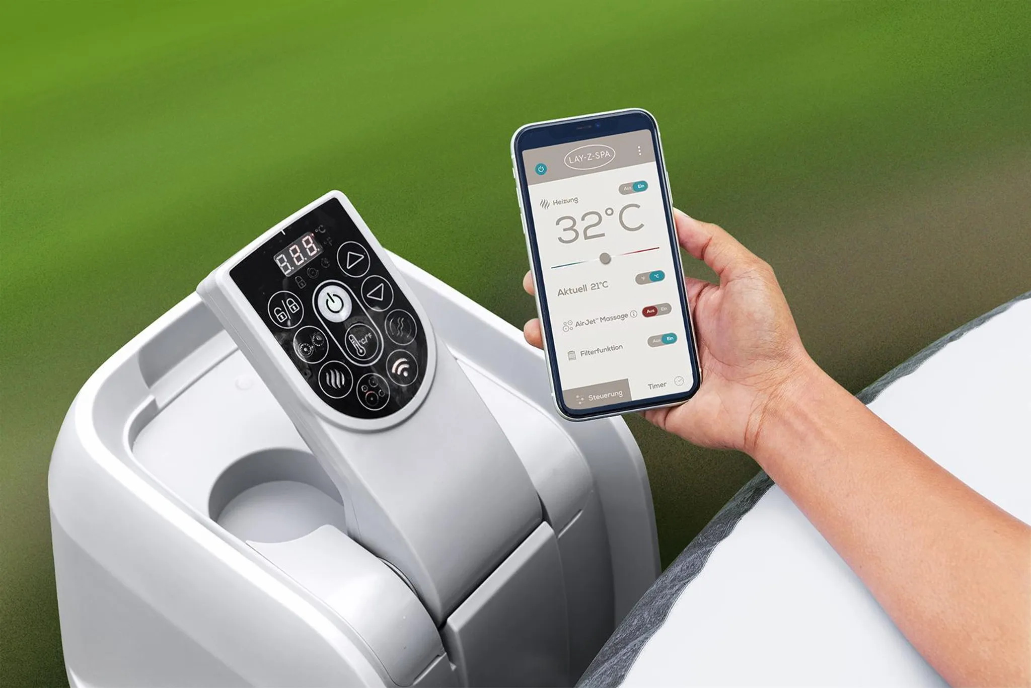 Bestway® LAY-Z-SPA® Energiespar-Whirlpool Santorini Hydrojet Pro™ mit App-Steuerung, für 7 Personen Ø 216 x 80 cm, Graphit – Bild 7