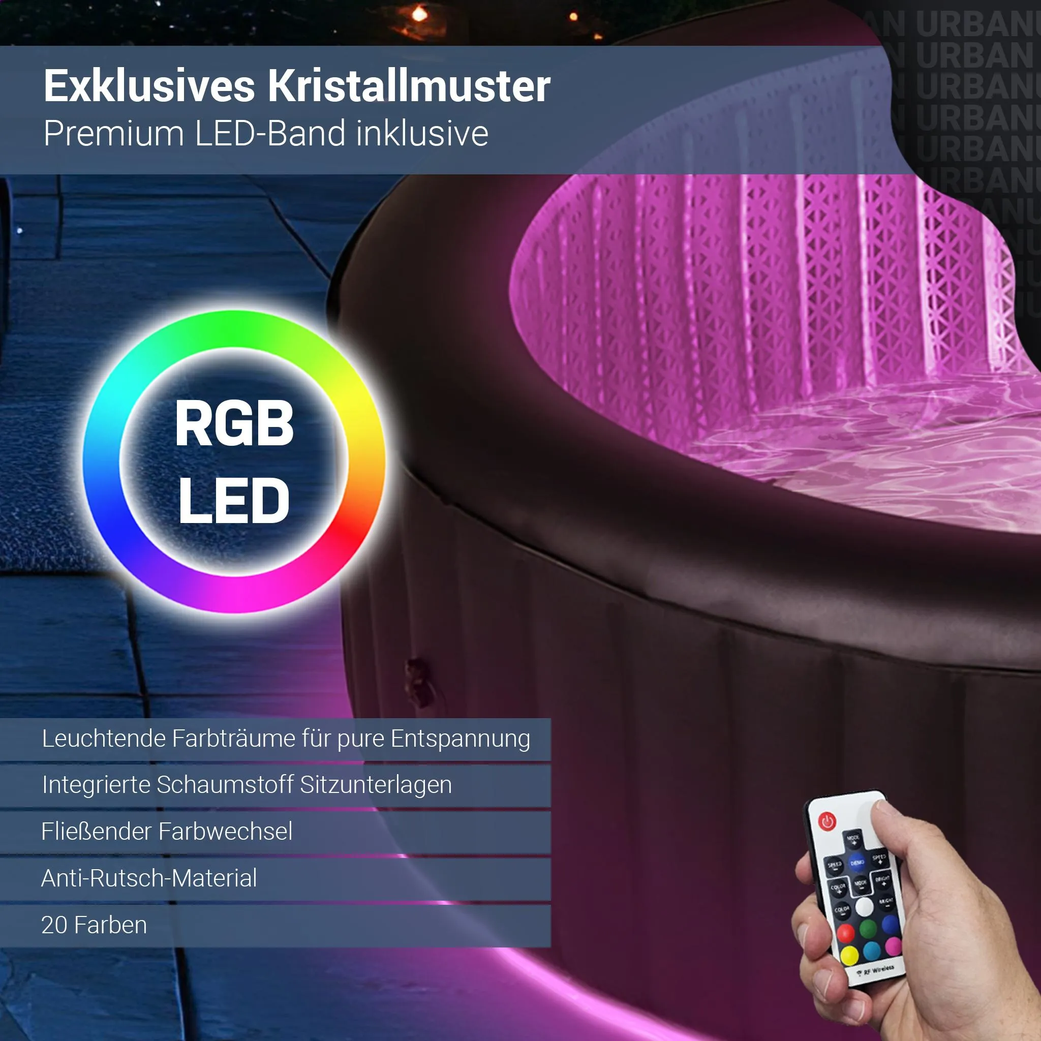 MSpa Whirlpool Urban Aurora | 6 Personen Pool - aufblasbar - UVC+ Filter - LED RGB Band - Ozon-Desinfektion - Anti-Frost - mit Zubehör - 204 x 70 cm – Bild 4