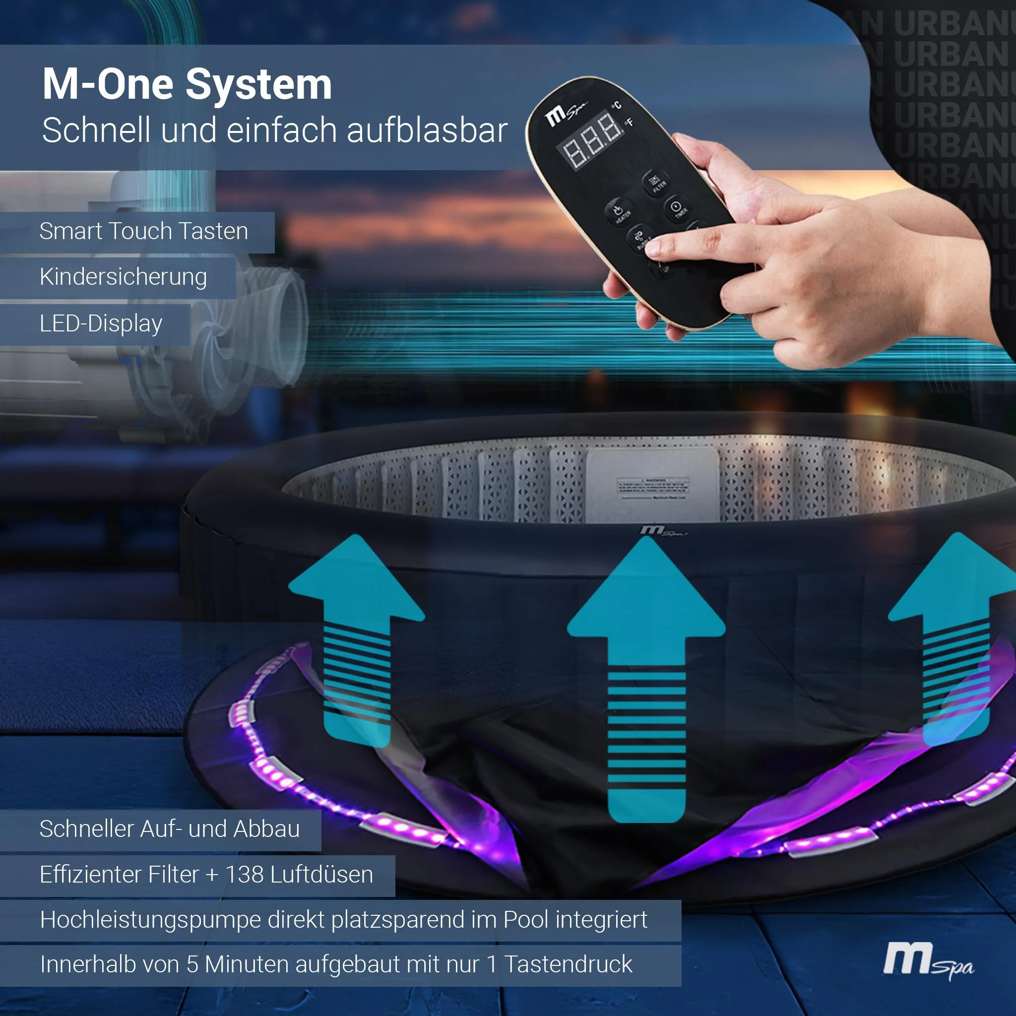 MSpa Whirlpool Urban Aurora | 6 Personen Pool - aufblasbar - UVC+ Filter - LED RGB Band - Ozon-Desinfektion - Anti-Frost - mit Zubehör - 204 x 70 cm – Bild 5