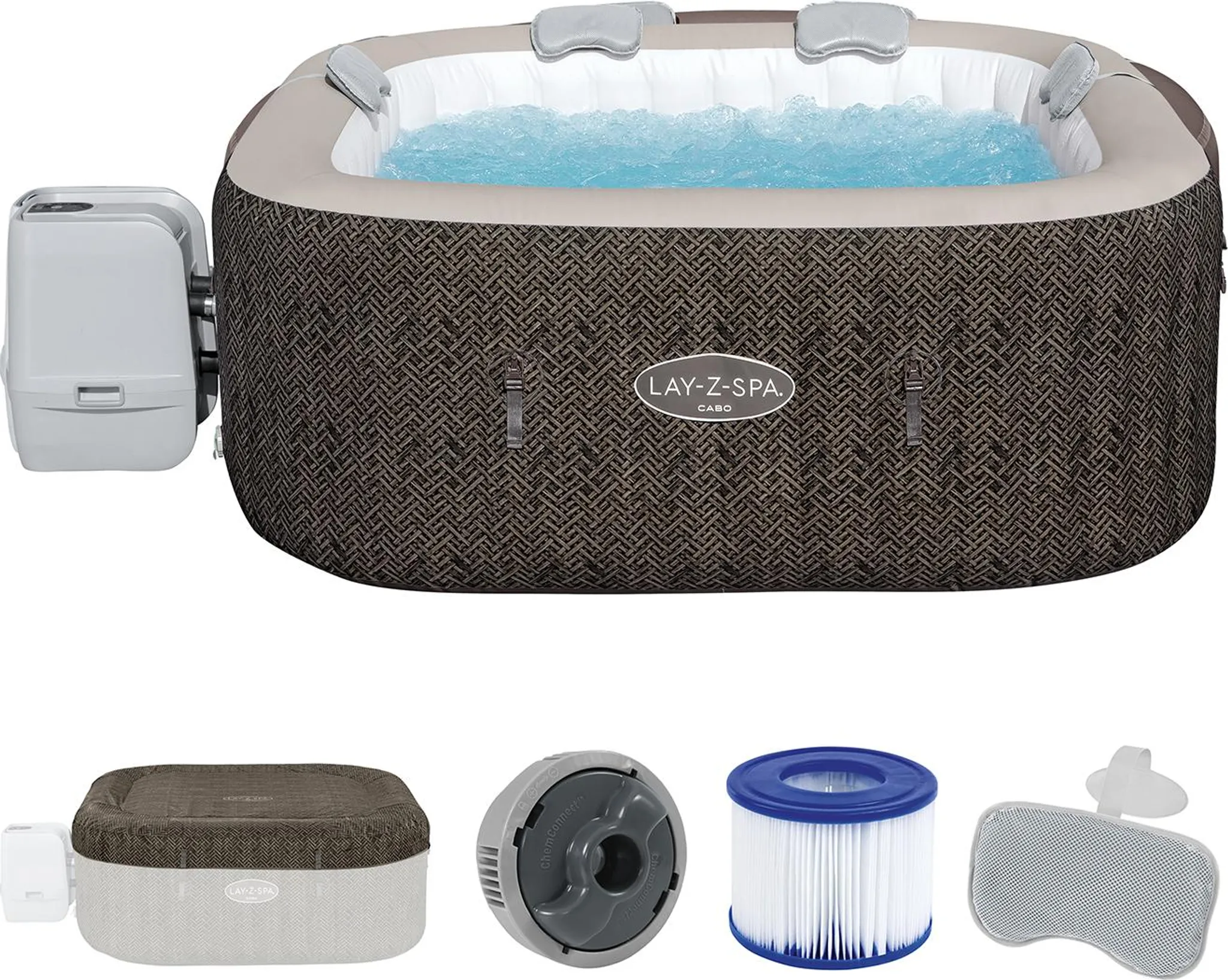 Bestway® LAY-Z-SPA® Energiespar-Whirlpool Cabo HydroJet™ mit App-Steuerung, für 6 Personen 180 x 180 x 71 cm, Kreuzgeflecht-Optik (Eichengrau) – Bild 4