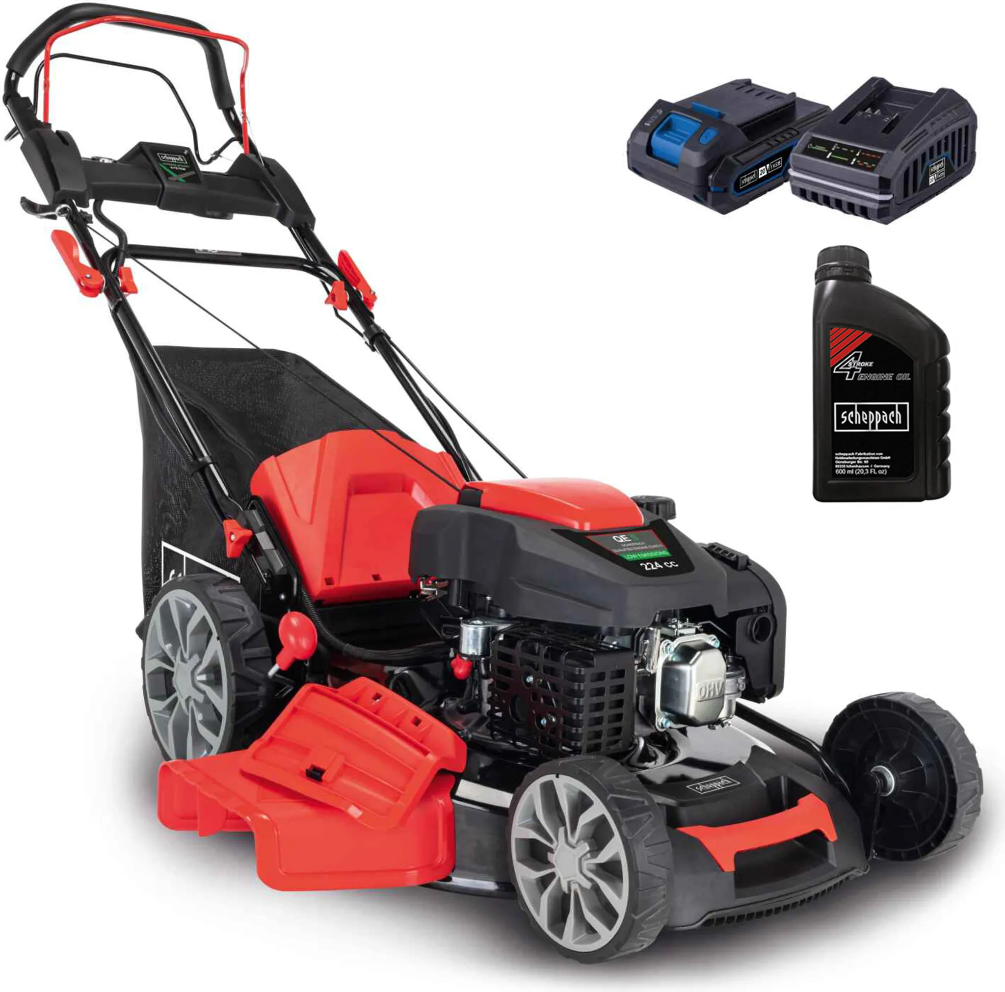 Scheppach MS225-56E Benzin Rasenmäher - E-Start | 6PS | 56cm Schnittbreite | Radantrieb | 65L Fangkorb | inkl. Motoröl + 2Ah Akku + 2,4A Ladegerät