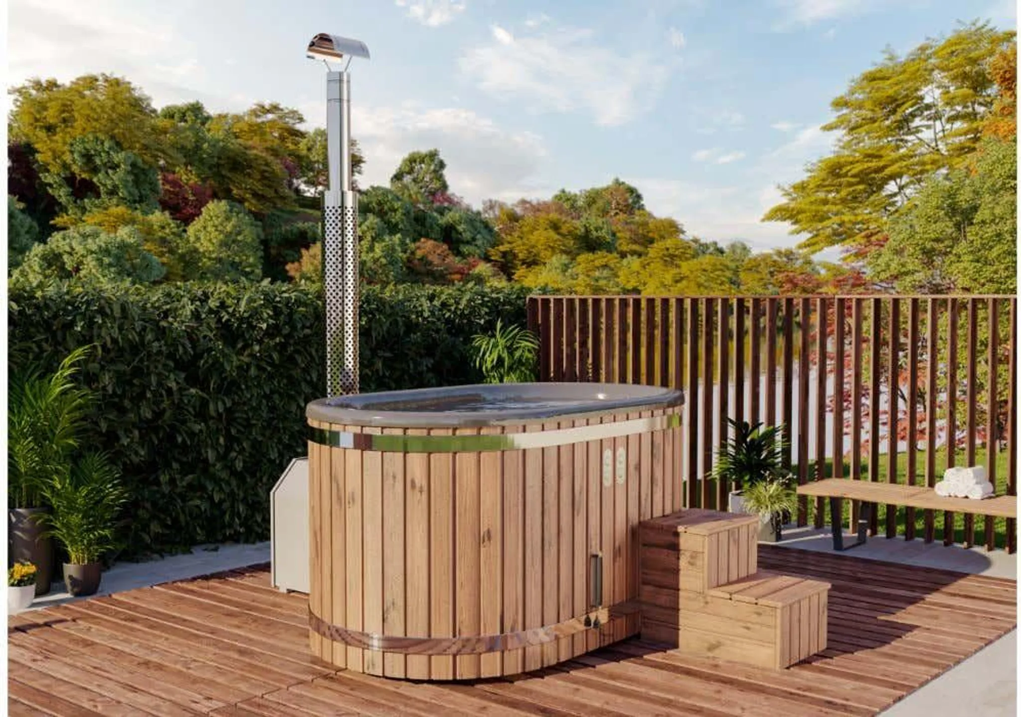 FinnTherm Holz Badefass Malmö aus Thermoholz, Whirlpool, Hot Tub 185 x 118 x 96 cm, 8 Personen, inkl. Edelstahl-Ofen (24 kW), inkl. Deckel und Deckel Schwimmbecken, Badebottich, Sprudelbad