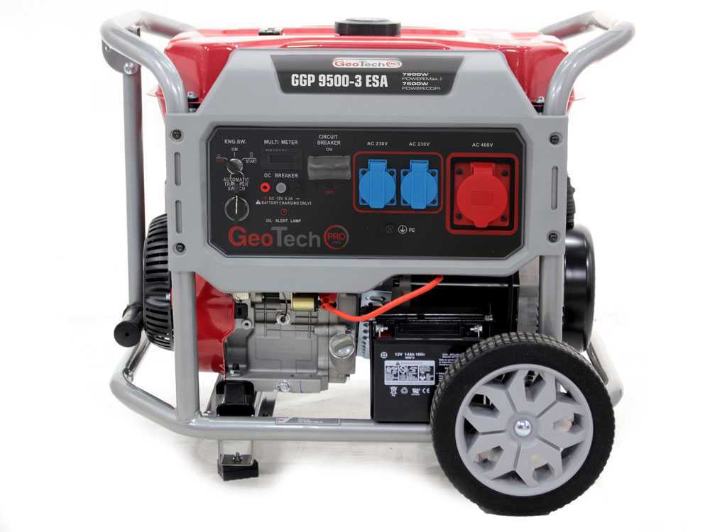 GeoTech Pro GGP 9500-3 ESA - Benzin-Stromerzeuger mit Rädern und AVR-Regelung und Elektrostarter 7.8 kW - Dauerleistung 7.5 kW Full-Power